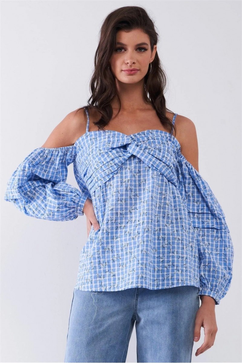 Blue & White Checkered Floral Print Off-The-Shoulder Balloon Sleeve Relaxed Blouse